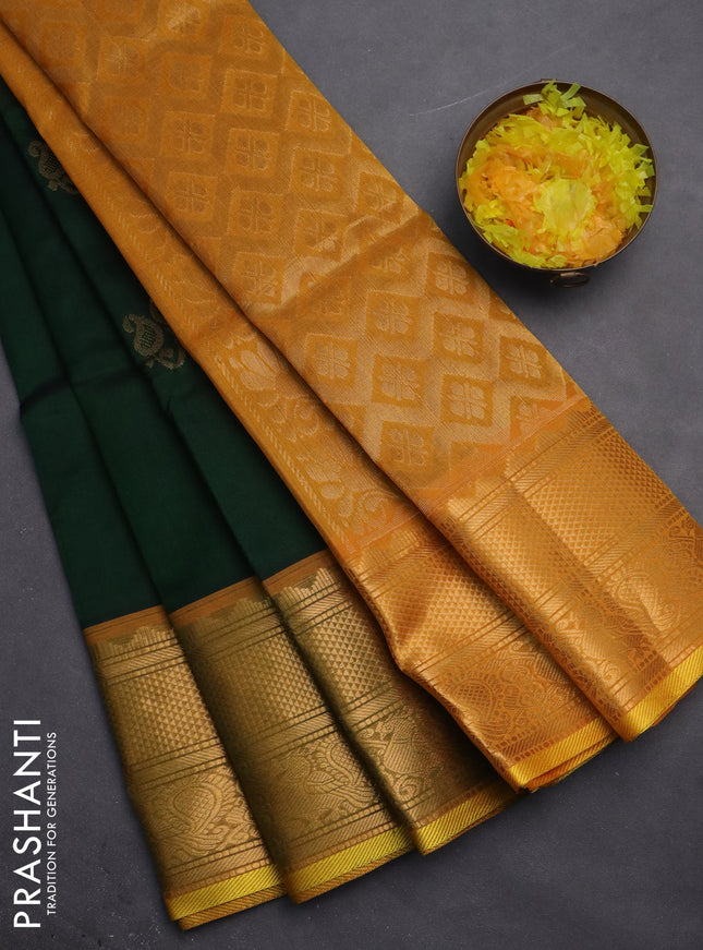Silk cotton saree dark green and mango yellow with paisley zari woven buttas and long zari woven border