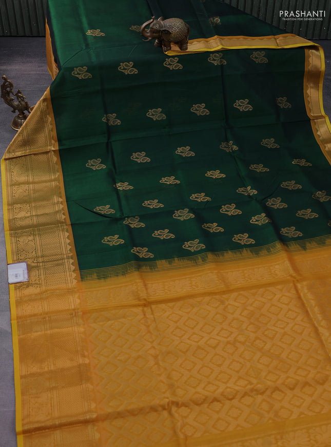 Silk cotton saree dark green and mango yellow with paisley zari woven buttas and long zari woven border