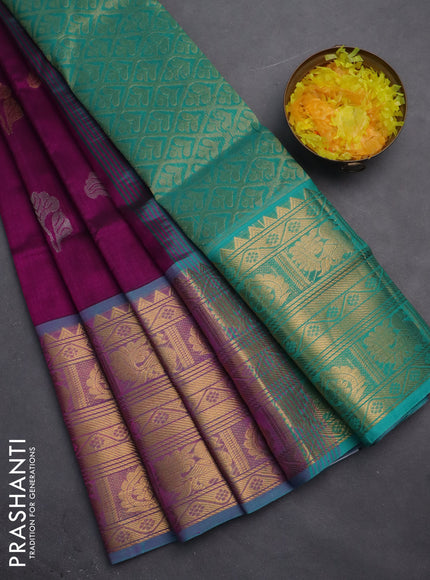 Silk cotton saree purple and teal green with silver & gold zari woven floral buttas and long zari woven border