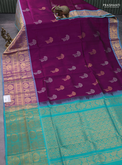 Silk cotton saree purple and teal green with silver & gold zari woven floral buttas and long zari woven border