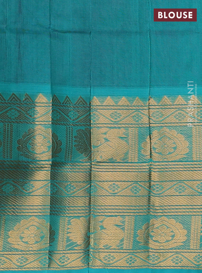 Silk cotton saree purple and teal green with silver & gold zari woven floral buttas and long zari woven border