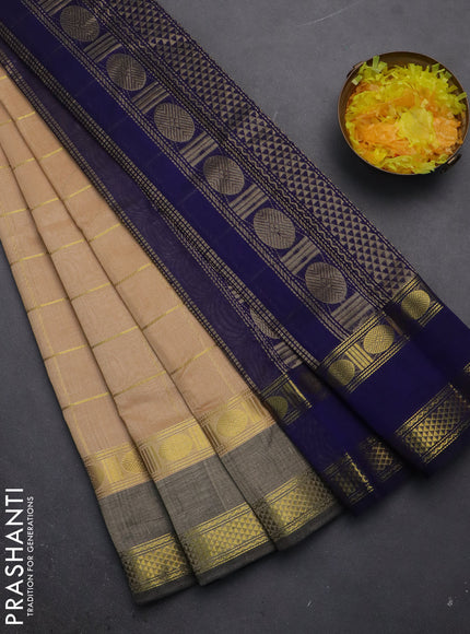 Silk cotton saree sandal and navy blue with allover zari checked pattern and rettapet zari woven border