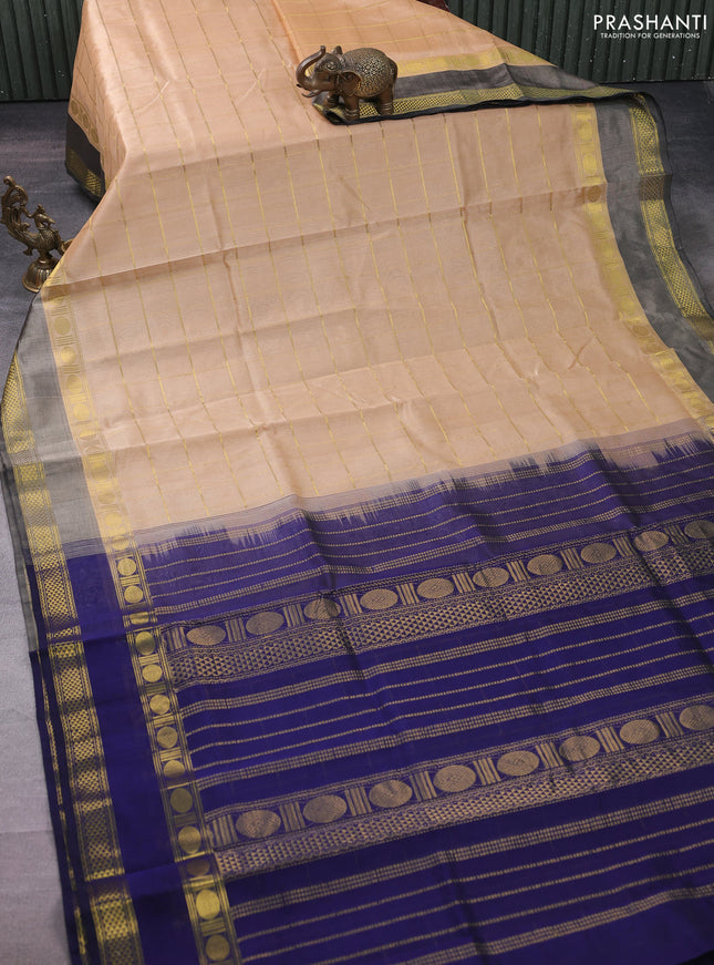 Silk cotton saree sandal and navy blue with allover zari checked pattern and rettapet zari woven border