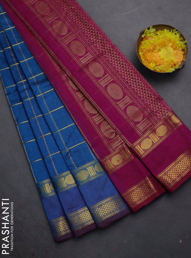 Silk cotton saree cs blue and purple with allover zari checked pattern and rettapet zari woven border