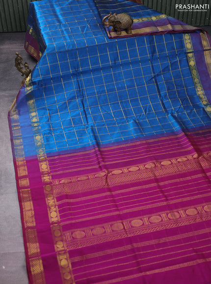 Silk cotton saree cs blue and purple with allover zari checked pattern and rettapet zari woven border
