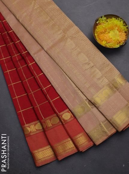 Silk cotton saree maroon and sandal with allover zari checked pattern and rettapet zari woven border