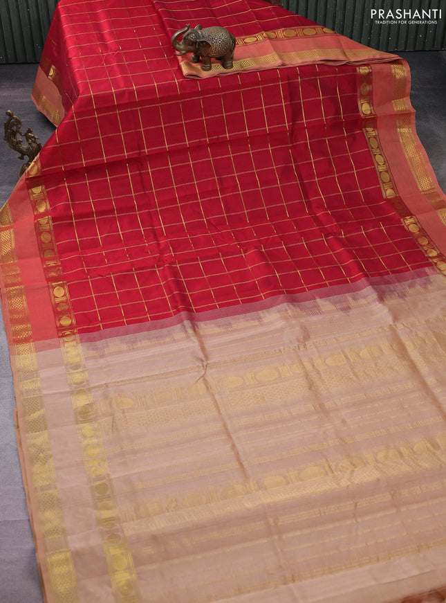 Silk cotton saree maroon and sandal with allover zari checked pattern and rettapet zari woven border