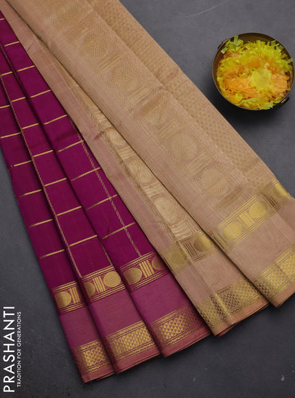 Silk cotton saree purple and sandal with allover zari checked pattern and rettapet zari woven border