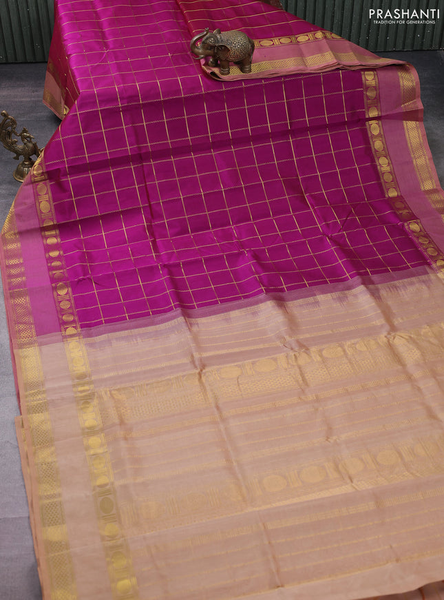 Silk cotton saree purple and sandal with allover zari checked pattern and rettapet zari woven border