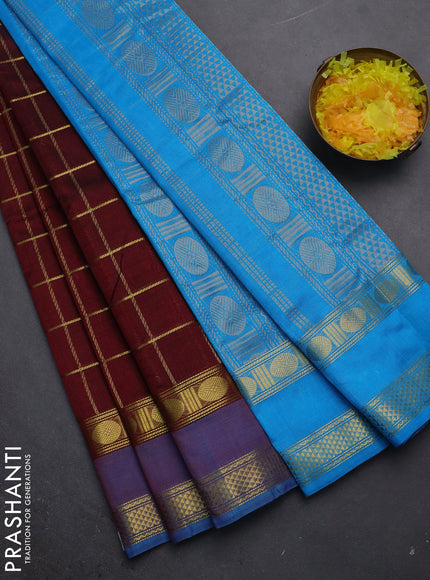Silk cotton saree maroon and cs blue with allover zari checked pattern and rettapet zari woven border