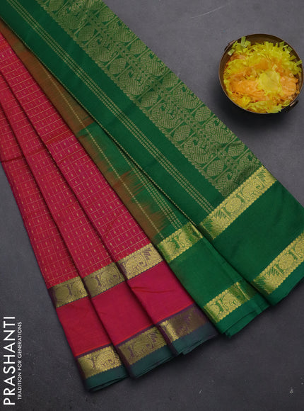 Silk cotton saree dual shade of pinkish orange and green with allover zari checks & lakshadeepam weaves and rettapet zari woven border