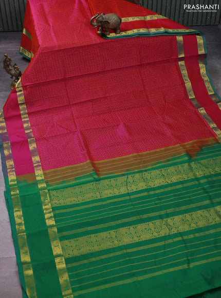 Silk cotton saree dual shade of pinkish orange and green with allover zari checks & lakshadeepam weaves and rettapet zari woven border