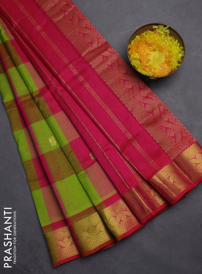 Silk cotton saree light green and pink with allover paalum pazhamum checks & buttas and zari woven border