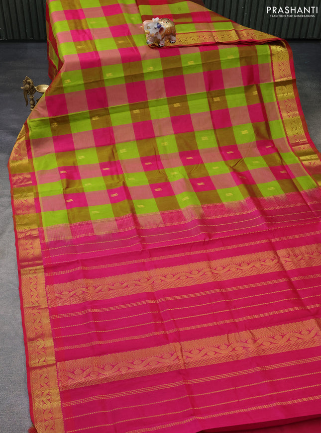 Silk cotton saree light green and pink with allover paalum pazhamum checks & buttas and zari woven border