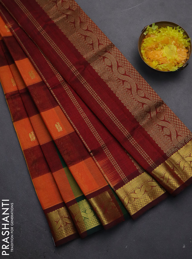 Silk cotton saree multi colour and maroon with allover paalum pazhamum checks & buttas and zari woven border