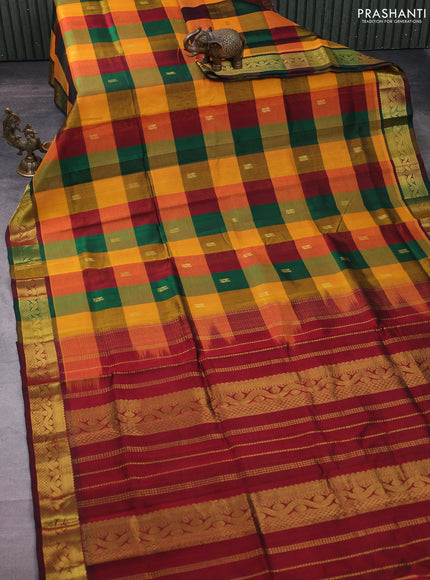 Silk cotton saree multi colour and maroon with allover paalum pazhamum checks & buttas and zari woven border