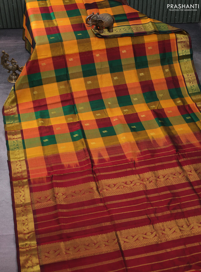 Silk cotton saree multi colour and maroon with allover paalum pazhamum checks & buttas and zari woven border