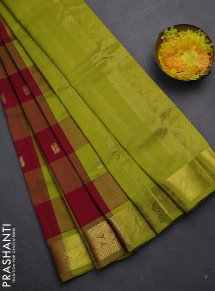 Silk cotton saree maroon and lime green with allover paalum pazhamum checks & buttas and zari woven border