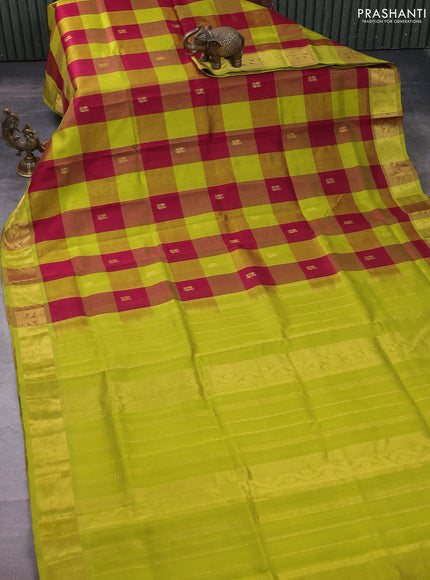 Silk cotton saree maroon and lime green with allover paalum pazhamum checks & buttas and zari woven border