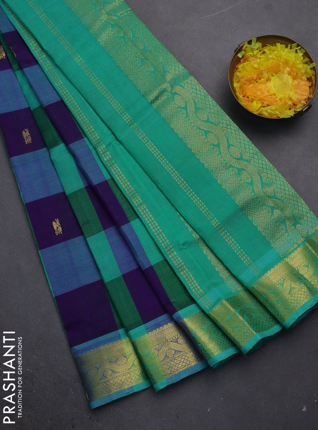 Silk cotton saree blue and green with allover paalum pazhamum checks & buttas and zari woven border