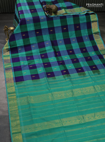 Silk cotton saree blue and green with allover paalum pazhamum checks & buttas and zari woven border