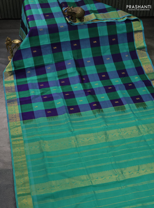 Silk cotton saree blue and green with allover paalum pazhamum checks & buttas and zari woven border