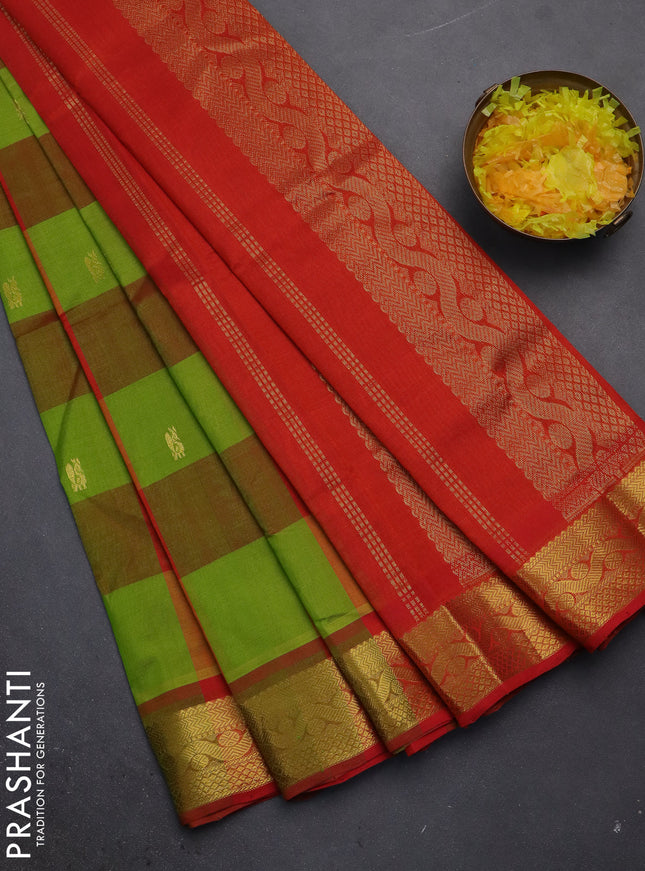 Silk cotton saree light green and red with allover paalum pazhamum checks & buttas and zari woven border