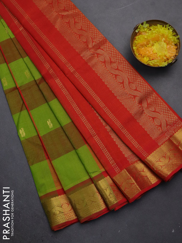 Silk cotton saree light green and red with allover paalum pazhamum checks & buttas and zari woven border