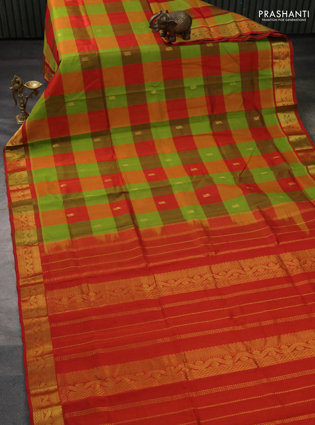 Silk cotton saree light green and red with allover paalum pazhamum checks & buttas and zari woven border