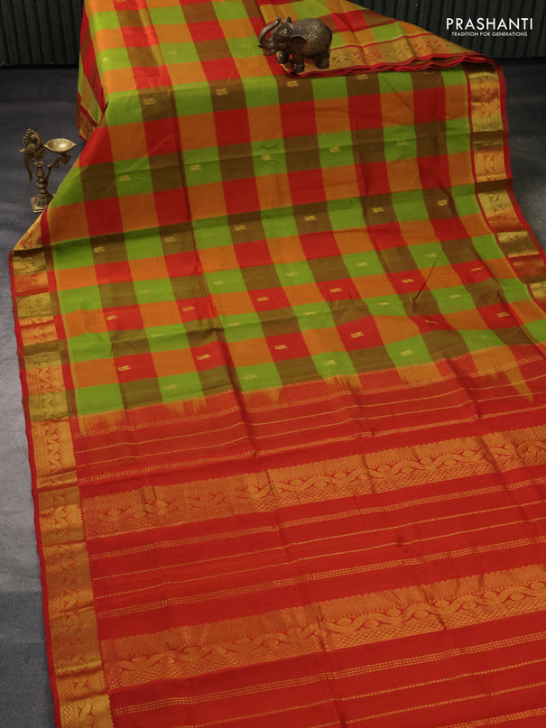 Silk cotton saree light green and red with allover paalum pazhamum checks & buttas and zari woven border