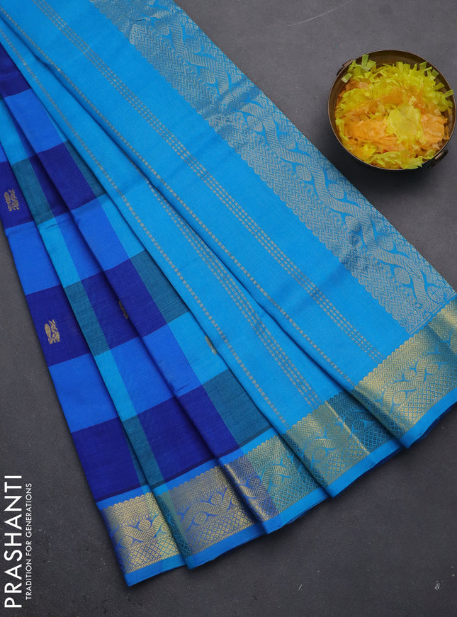 Silk cotton saree blue and cs blue with allover paalum pazhamum checks & buttas and zari woven border