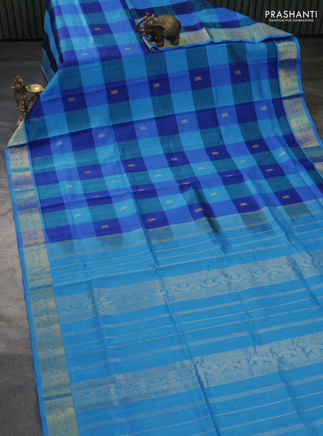 Silk cotton saree blue and cs blue with allover paalum pazhamum checks & buttas and zari woven border