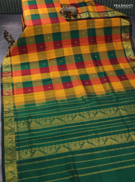 Silk cotton saree multi colour and green with allover paalum pazhamum checks & buttas and zari woven border
