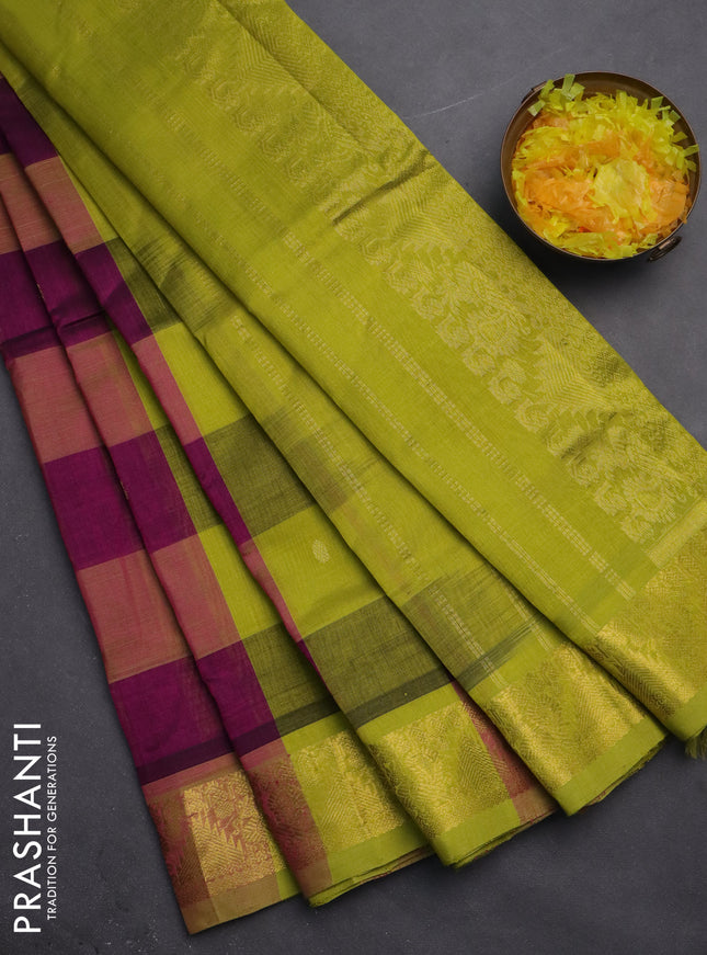Silk cotton saree purple and light green with allover paalum pazhamum checks & buttas and zari woven border