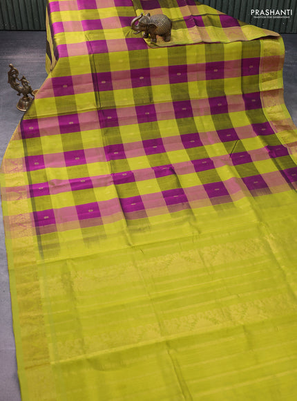 Silk cotton saree purple and light green with allover paalum pazhamum checks & buttas and zari woven border