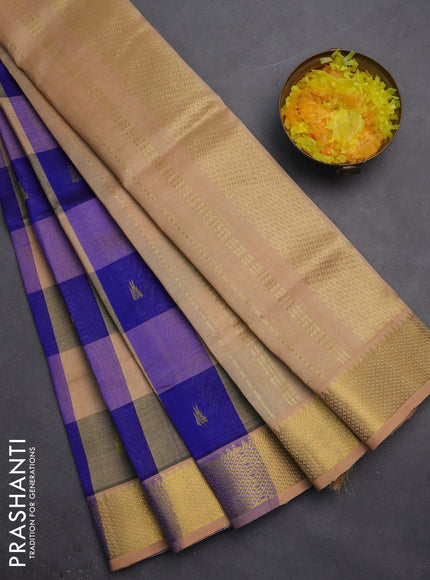 Silk cotton saree blue and sandal with allover paalum pazhamum checks & buttas and zari woven border