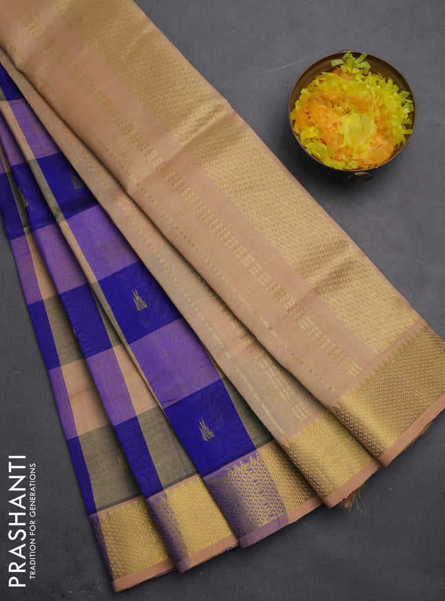 Silk cotton saree blue and sandal with allover paalum pazhamum checks & buttas and zari woven border