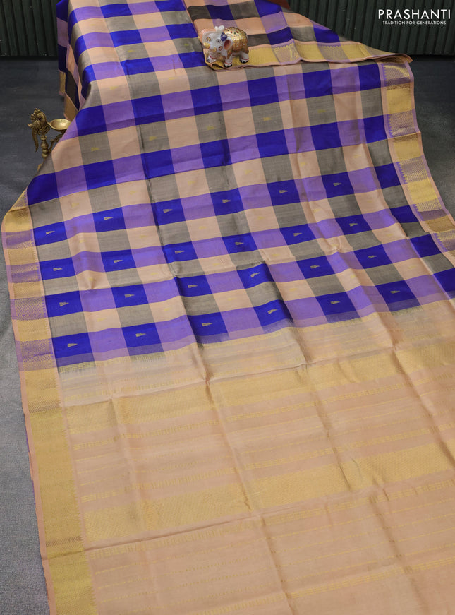 Silk cotton saree blue and sandal with allover paalum pazhamum checks & buttas and zari woven border