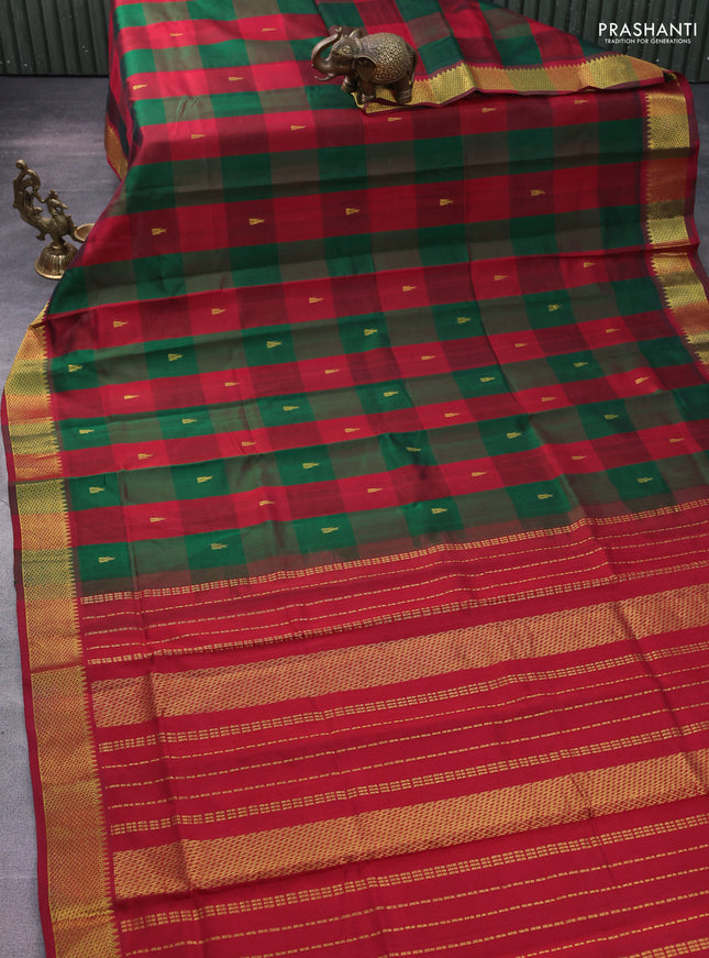 Silk cotton saree green and maroon with allover paalum pazhamum checks & buttas and zari woven border