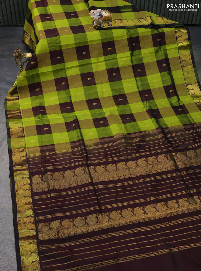 Silk cotton saree light green and coffee brown with allover paalum pazhamum checks & buttas and zari woven border
