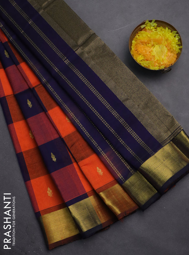 Silk cotton saree orange and navy blue with allover paalum pazhamum checks & buttas and zari woven border