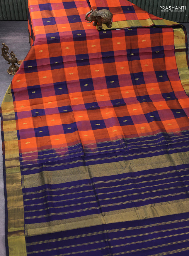 Silk cotton saree orange and navy blue with allover paalum pazhamum checks & buttas and zari woven border