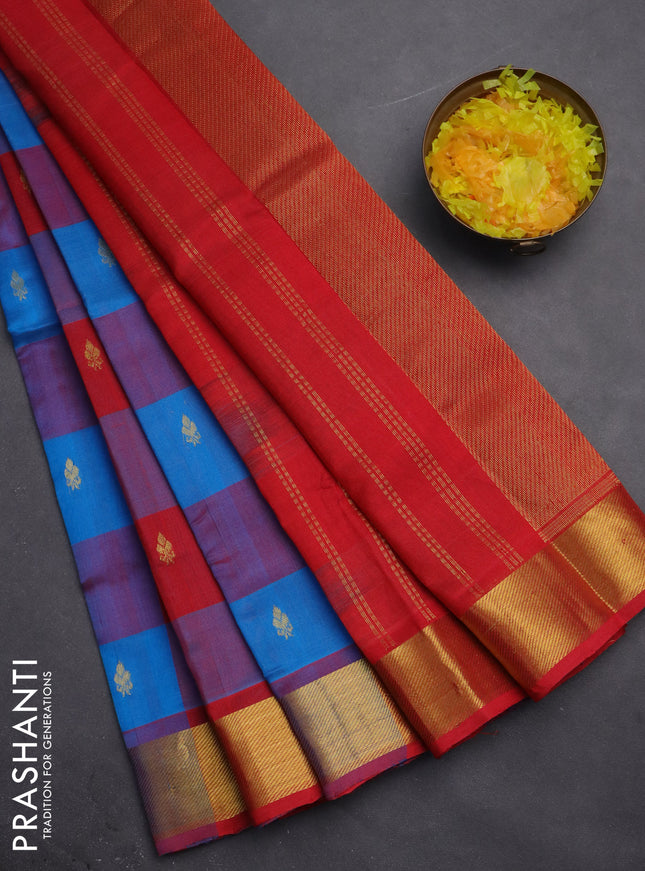 Silk cotton saree cs blue and red with allover paalum pazhamum checks & buttas and zari woven border