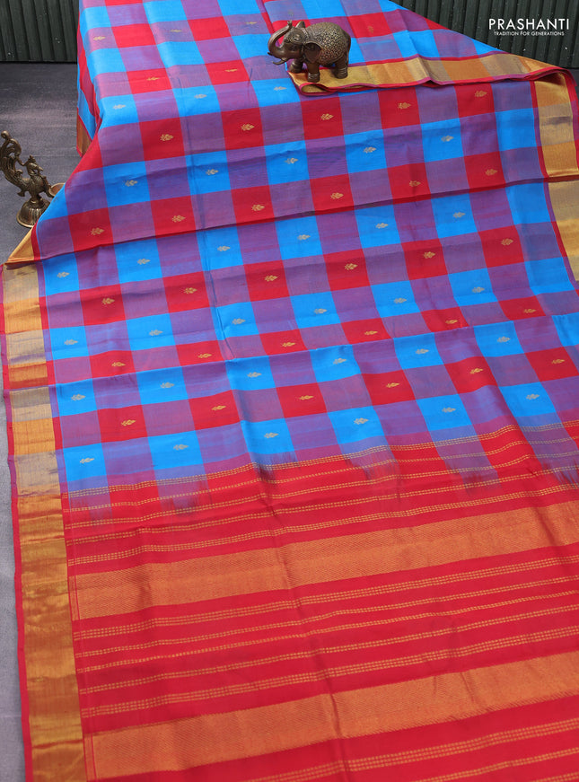 Silk cotton saree cs blue and red with allover paalum pazhamum checks & buttas and zari woven border