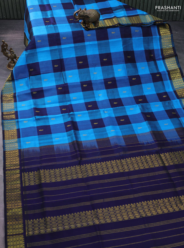 Silk cotton saree cs blue and navy blue with allover paalum pazhamum checks & buttas and zari woven border