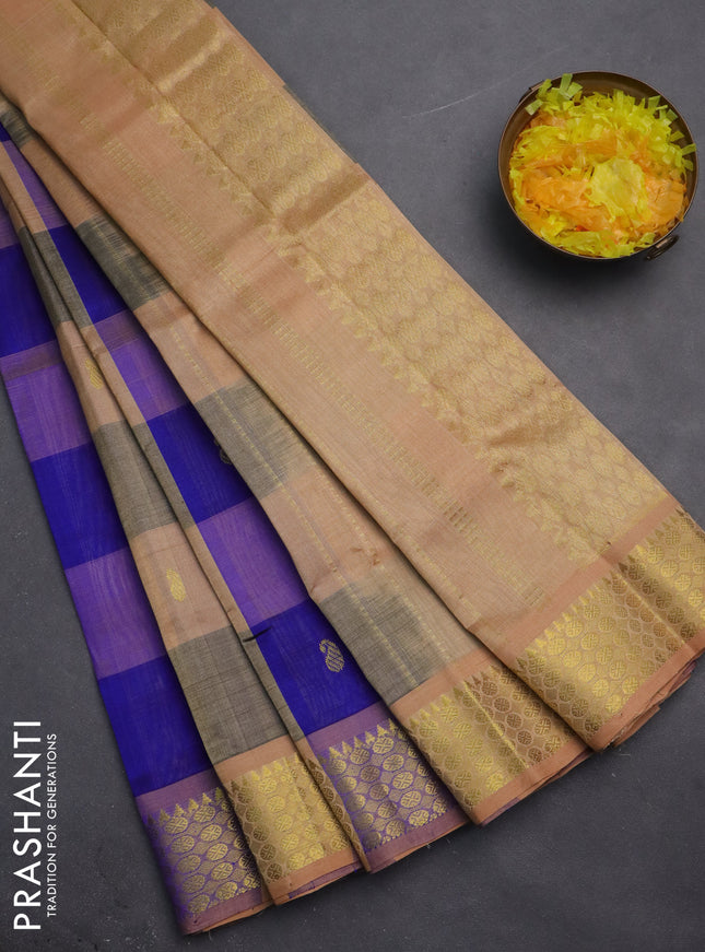 Silk cotton saree blue and sandal with allover paalum pazhamum checks & buttas and zari woven border