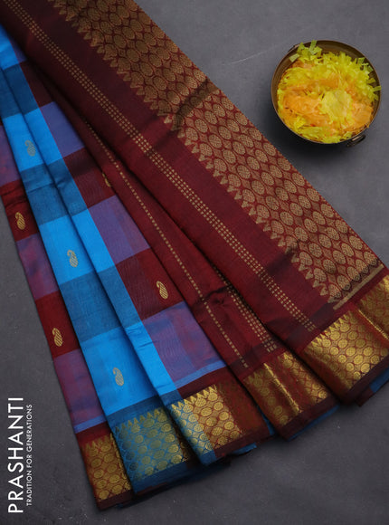 Silk cotton saree cs blue and maroon with allover paalum pazhamum checks & buttas and zari woven border