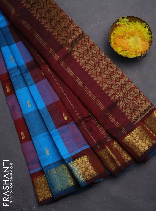 Silk cotton saree cs blue and maroon with allover paalum pazhamum checks & buttas and zari woven border