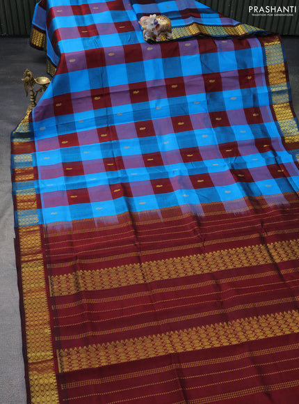 Silk cotton saree cs blue and maroon with allover paalum pazhamum checks & buttas and zari woven border