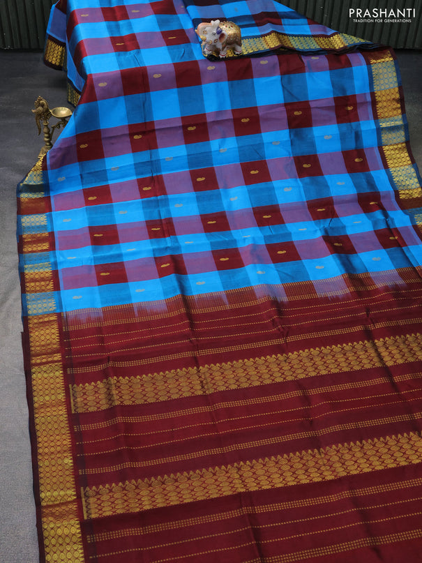 Silk cotton saree cs blue and maroon with allover paalum pazhamum checks & buttas and zari woven border
